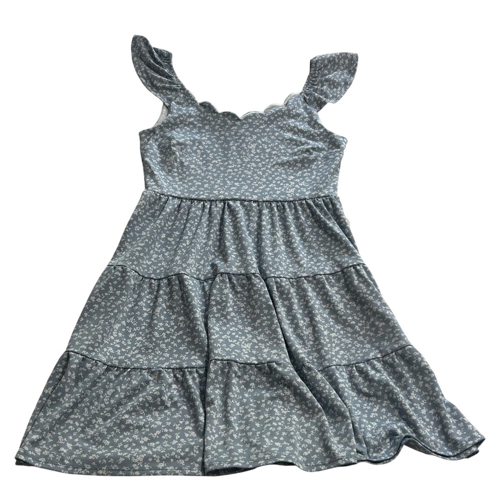 Monteau Los Angeles Blue‎ Floral Tiered Mini Dress Scallop Neck Flutter Sleeve M